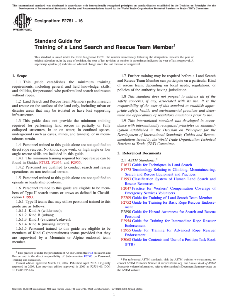 ASTM F2751-16 - Standard Guide for  Training of a Land Search and Rescue Team Member