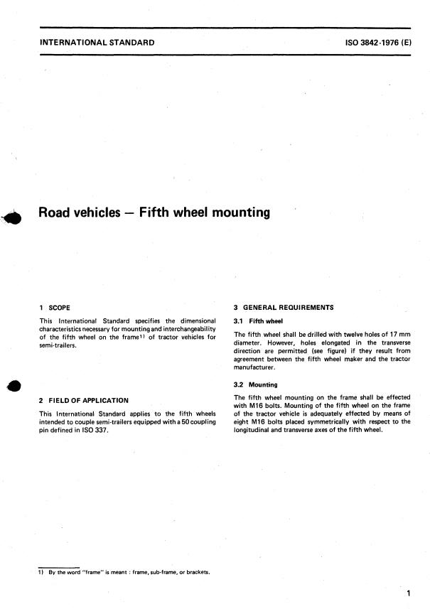 ISO 3842:1976 - Road vehicles -- Fifth wheel mounting