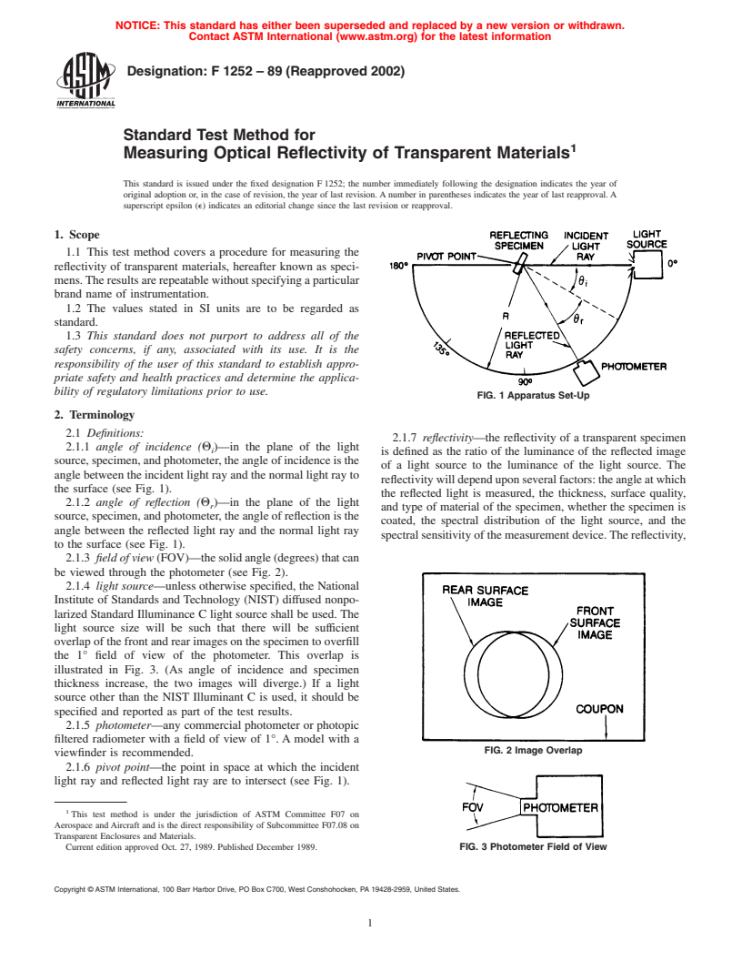 ASTM F1252-89(2002) - Standard Test Method for Measuring Optical Reflectivity of Transparent Materials