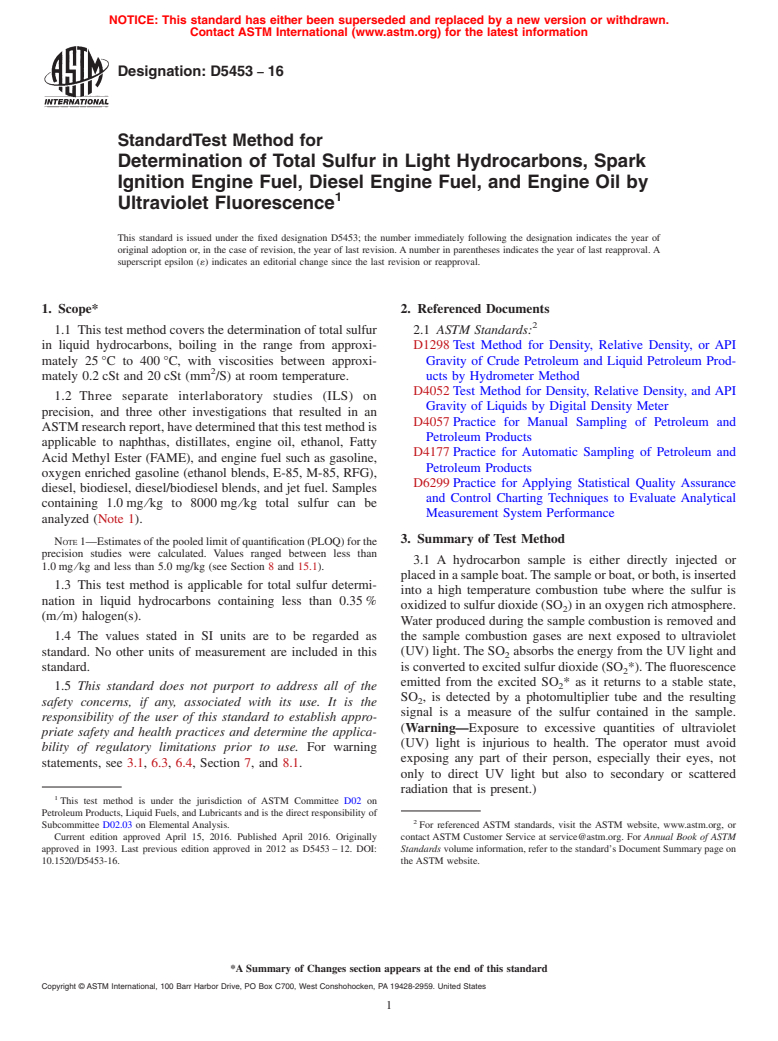 ASTM D5453-16 - Standard Test Method for Determination of Total Sulfur in Light Hydrocarbons, Spark  Ignition Engine Fuel, Diesel Engine Fuel, and Engine Oil by Ultraviolet  Fluorescence