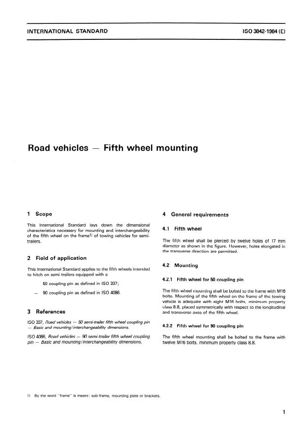 ISO 3842:1984 - Road vehicles -- Fifth wheel mounting