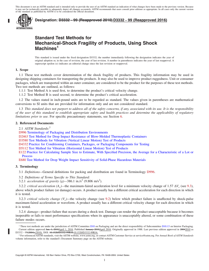 REDLINE ASTM D3332-99(2016) - Standard Test Methods for Mechanical-Shock Fragility of Products, Using Shock Machines