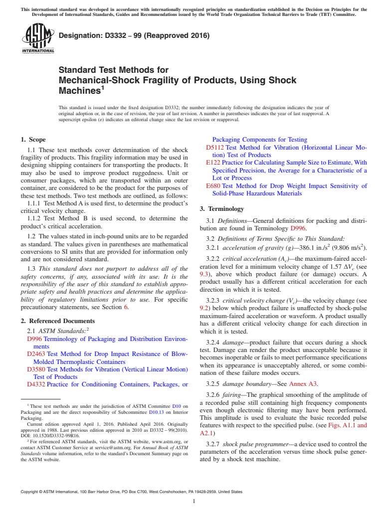 ASTM D3332-99(2016) - Standard Test Methods for Mechanical-Shock Fragility of Products, Using Shock Machines