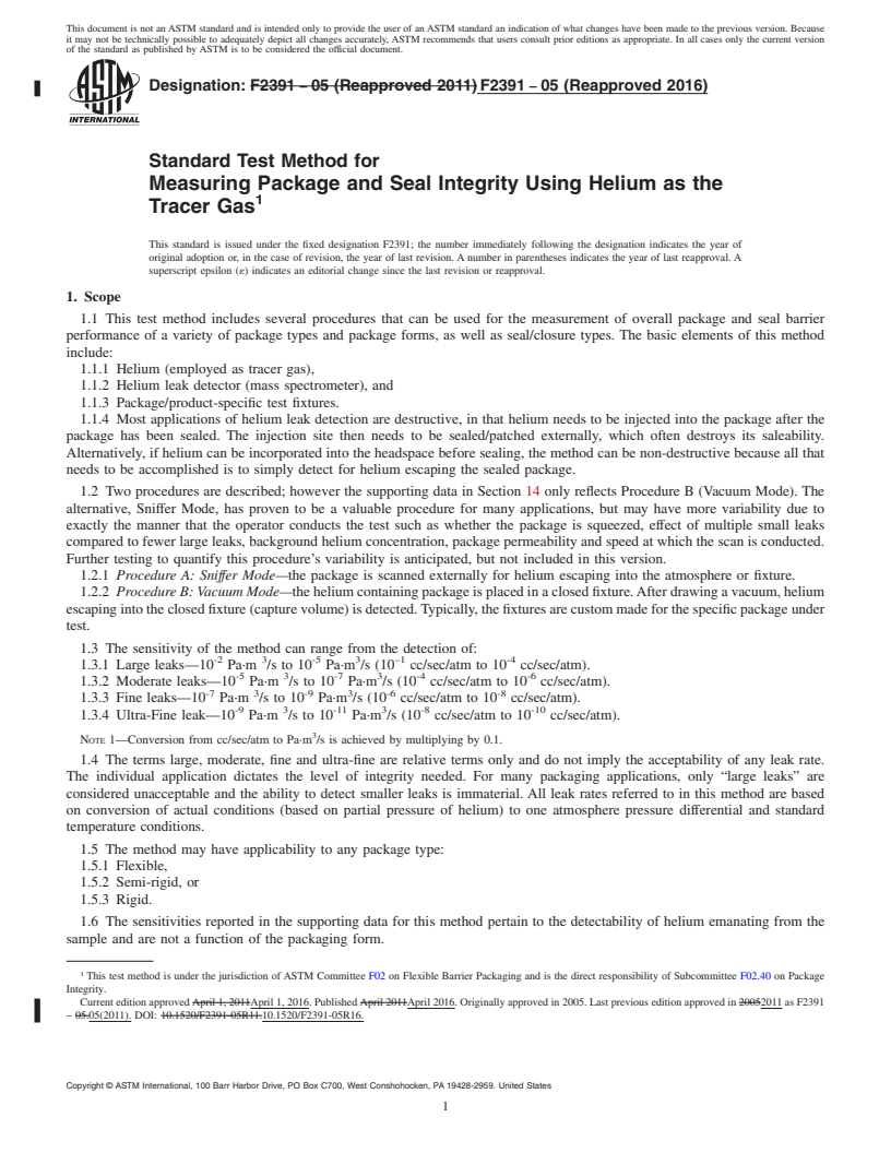 REDLINE ASTM F2391-05(2016) - Standard Test Method for  Measuring Package and Seal Integrity Using Helium as the Tracer   Gas