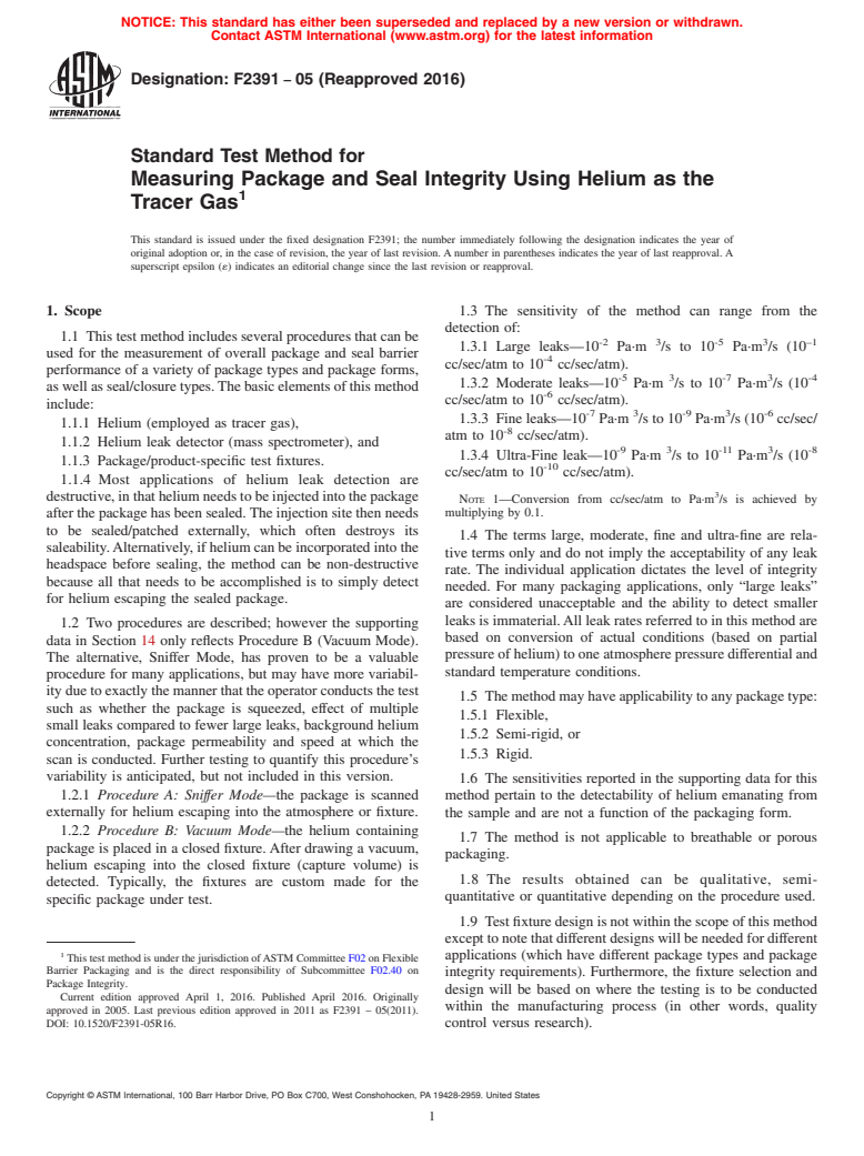 ASTM F2391-05(2016) - Standard Test Method for  Measuring Package and Seal Integrity Using Helium as the Tracer   Gas