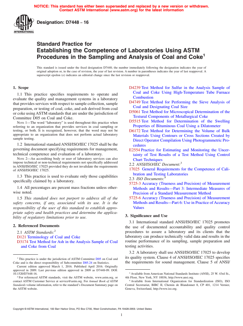ASTM D7448-16 - Standard Practice for Establishing the Competence of Laboratories Using ASTM Procedures  in the Sampling and Analysis of Coal and Coke (Withdrawn 2024)