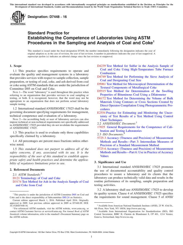 ASTM D7448-16 - Standard Practice for Establishing the Competence of Laboratories Using ASTM Procedures  in the Sampling and Analysis of Coal and Coke