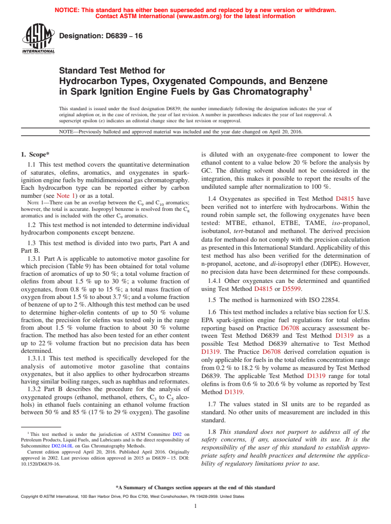 ASTM D6839-16 - Standard Test Method for  Hydrocarbon Types, Oxygenated Compounds, and Benzene in Spark   Ignition Engine Fuels by Gas Chromatography