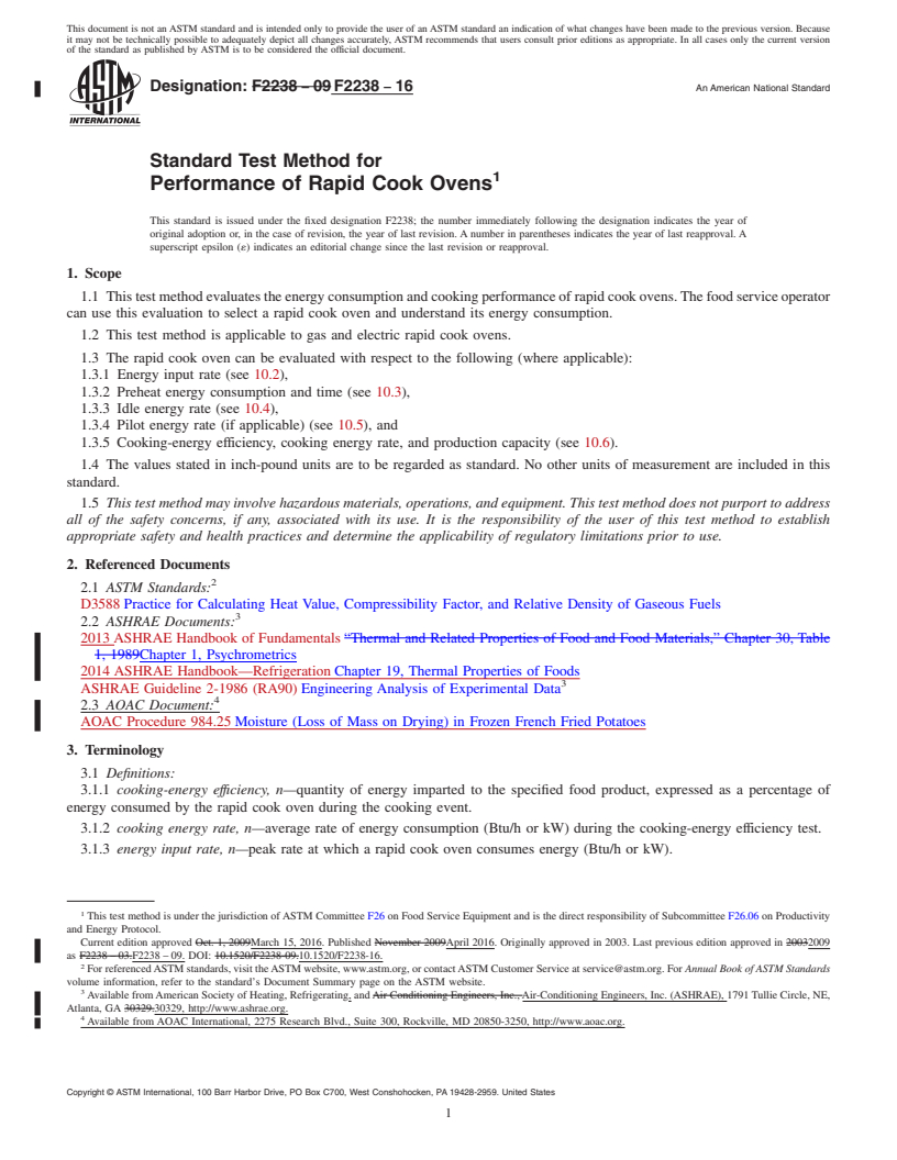 REDLINE ASTM F2238-16 - Standard Test Method for  Performance of Rapid Cook Ovens