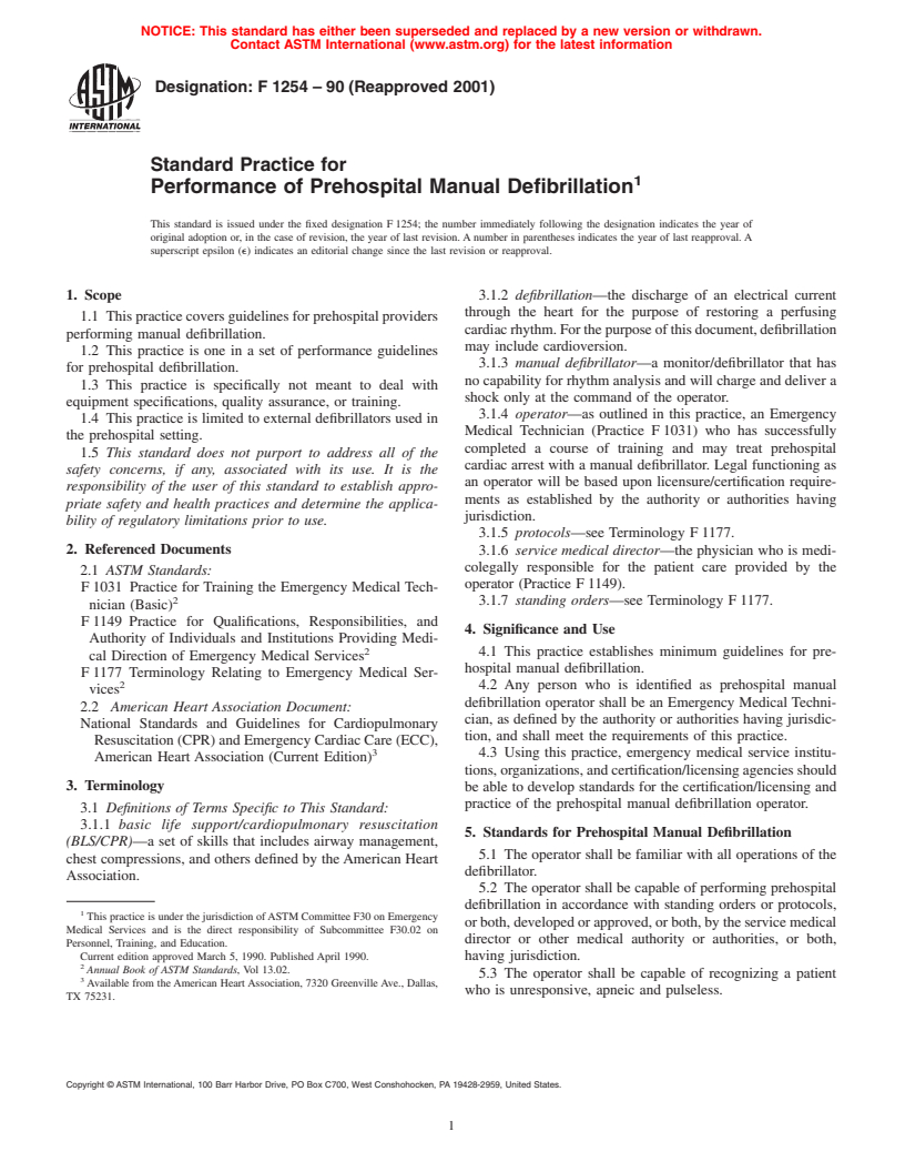 ASTM F1254-90(2001) - Standard Practice for Performance of Prehospital Manual Defibrillation (Withdrawn 2007)