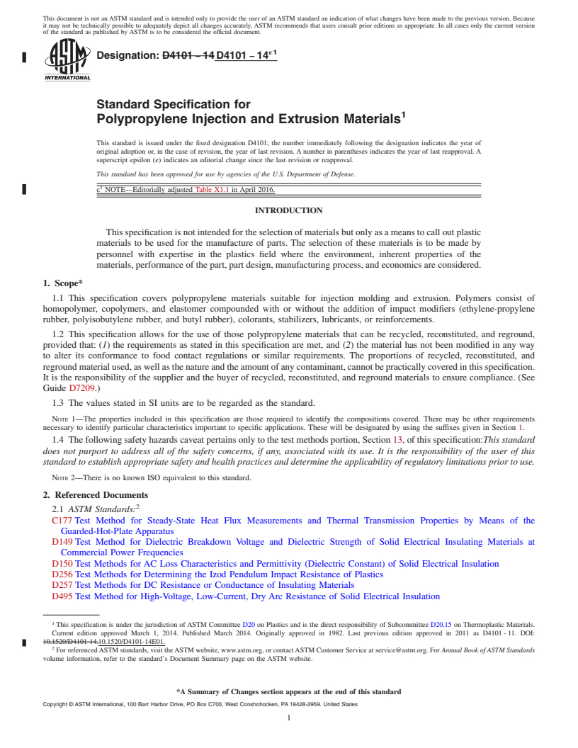 REDLINE ASTM D4101-14e1 - Standard Specification for Polypropylene Injection and Extrusion Materials