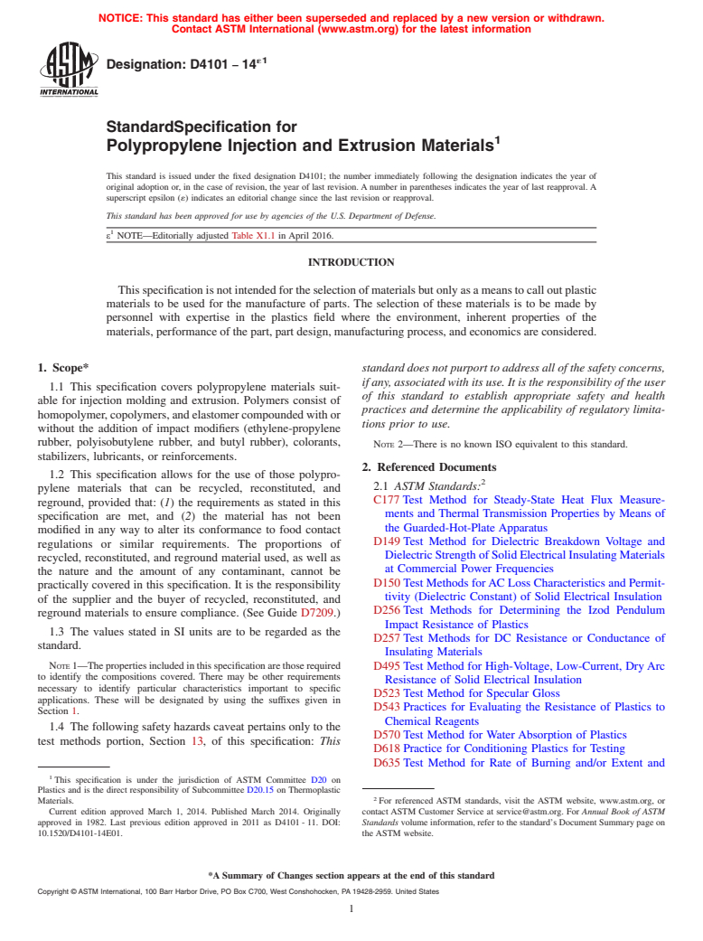 ASTM D4101-14e1 - Standard Specification for Polypropylene Injection and Extrusion Materials