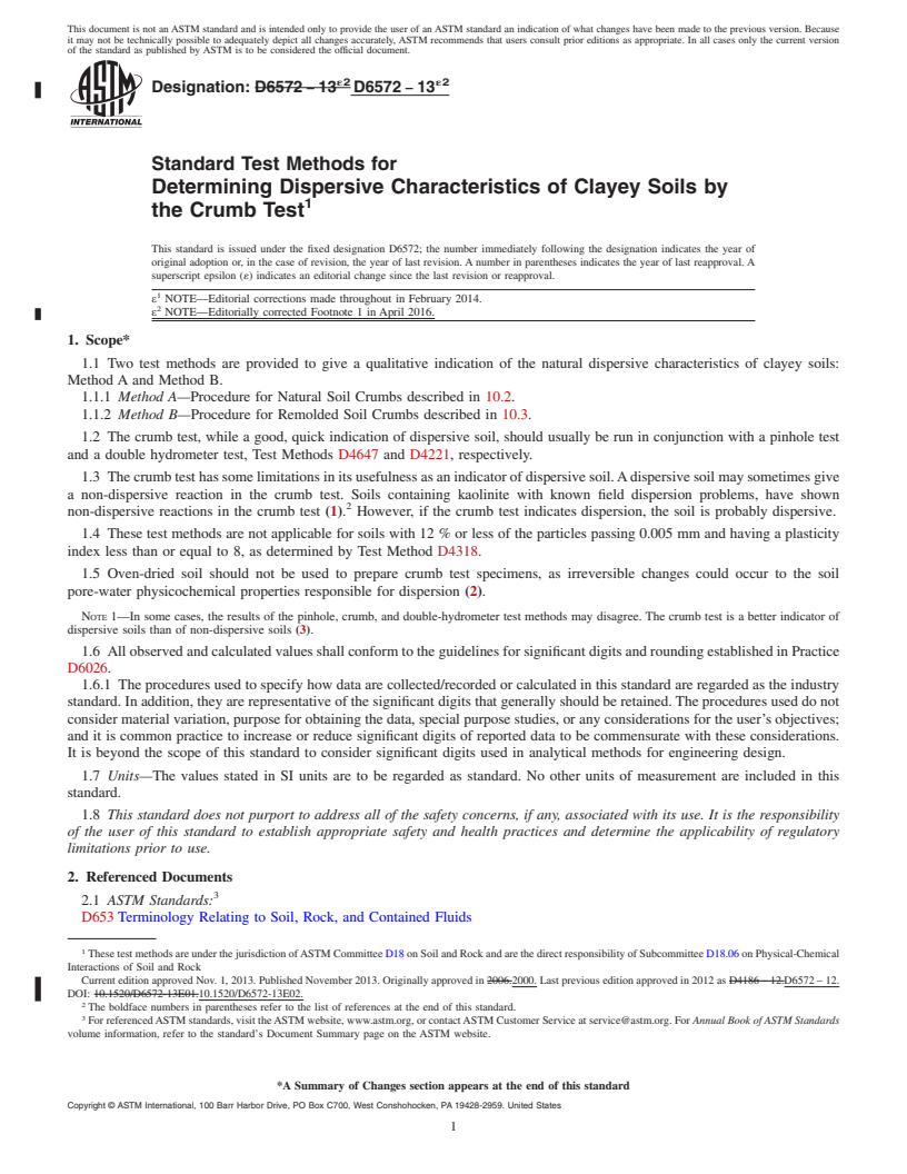 REDLINE ASTM D6572-13e2 - Standard Test Methods for Determining Dispersive Characteristics of Clayey Soils by the  Crumb Test