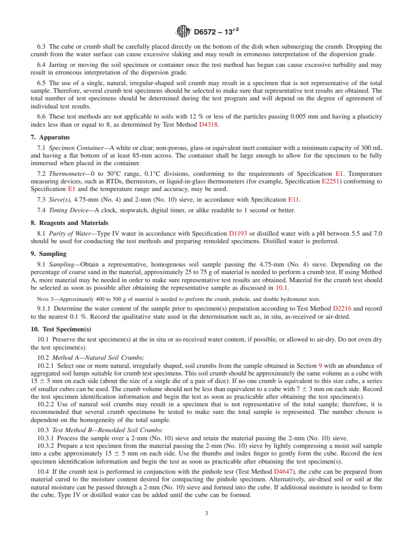 REDLINE ASTM D6572-13e2 - Standard Test Methods for Determining Dispersive Characteristics of Clayey Soils by the  Crumb Test