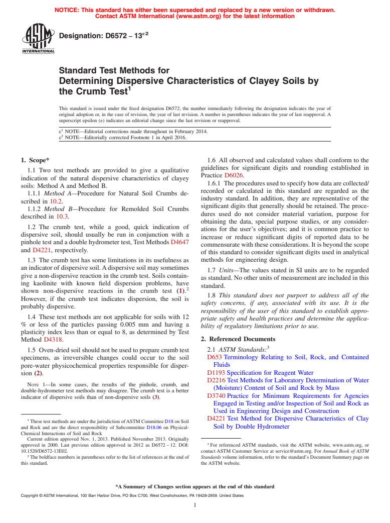 ASTM D6572-13e2 - Standard Test Methods for Determining Dispersive Characteristics of Clayey Soils by the  Crumb Test