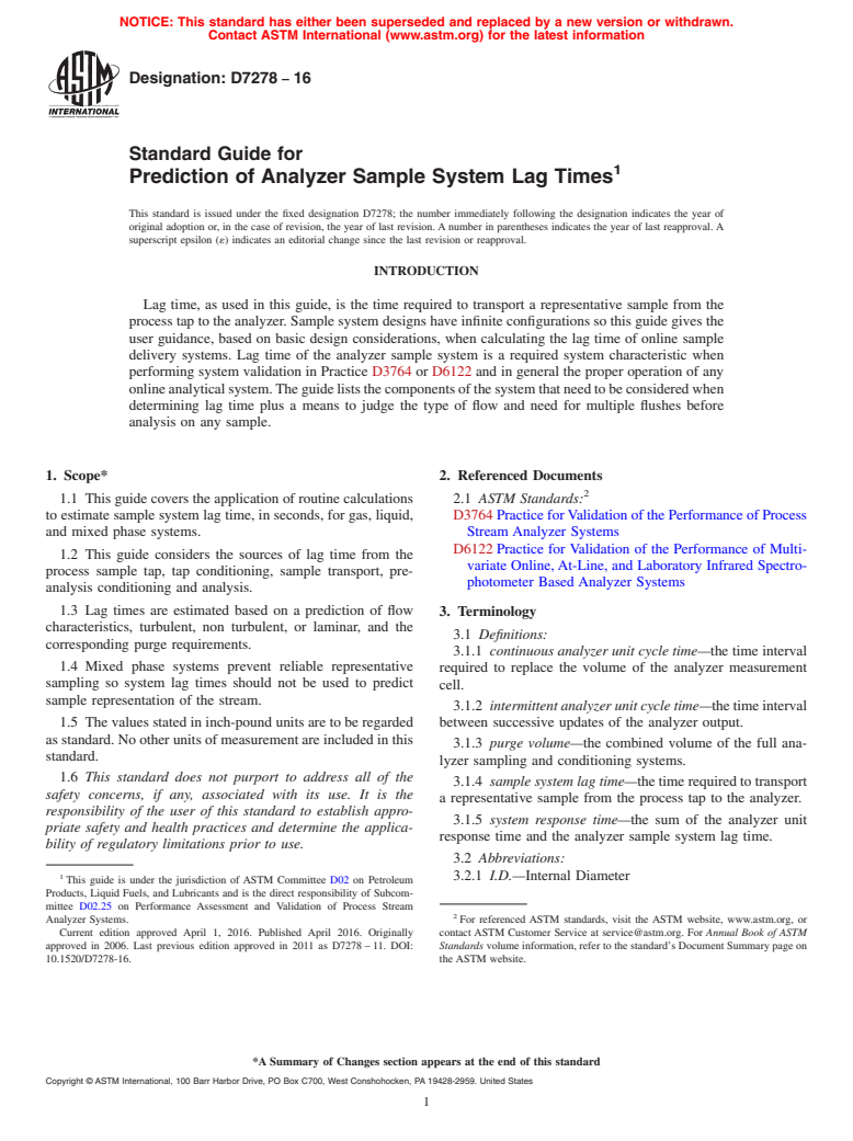 ASTM D7278-16 - Standard Guide for  Prediction of Analyzer Sample System Lag Times