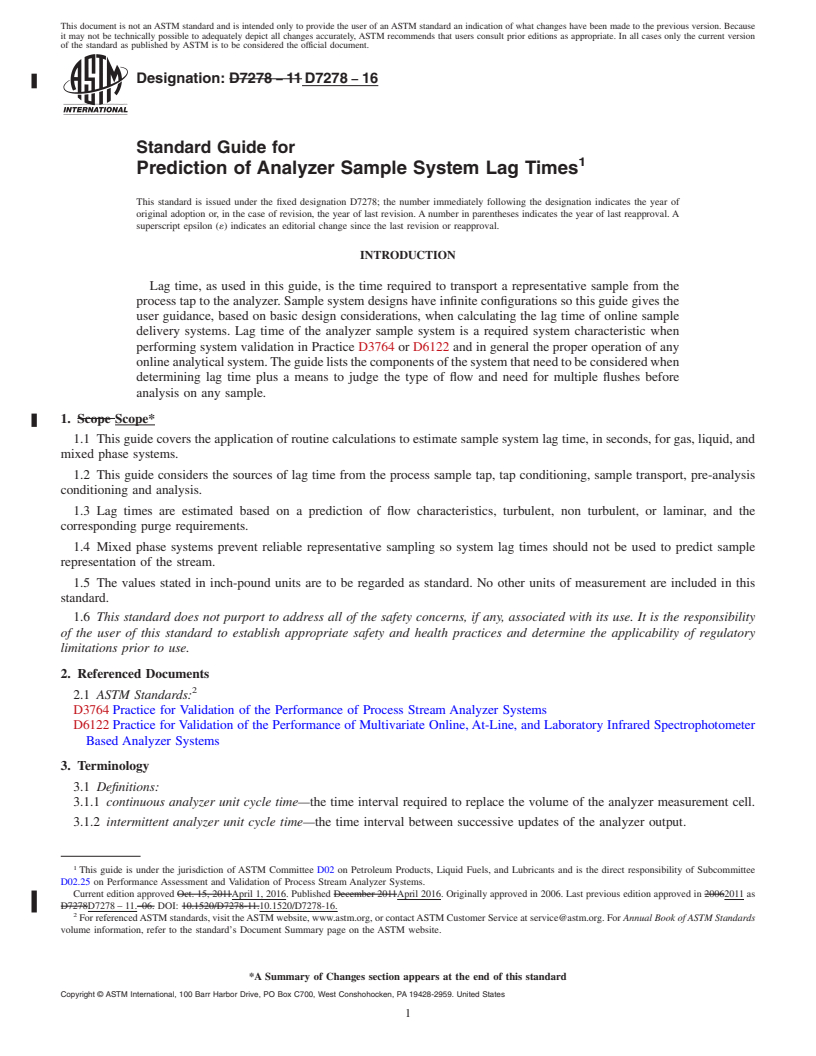 REDLINE ASTM D7278-16 - Standard Guide for  Prediction of Analyzer Sample System Lag Times