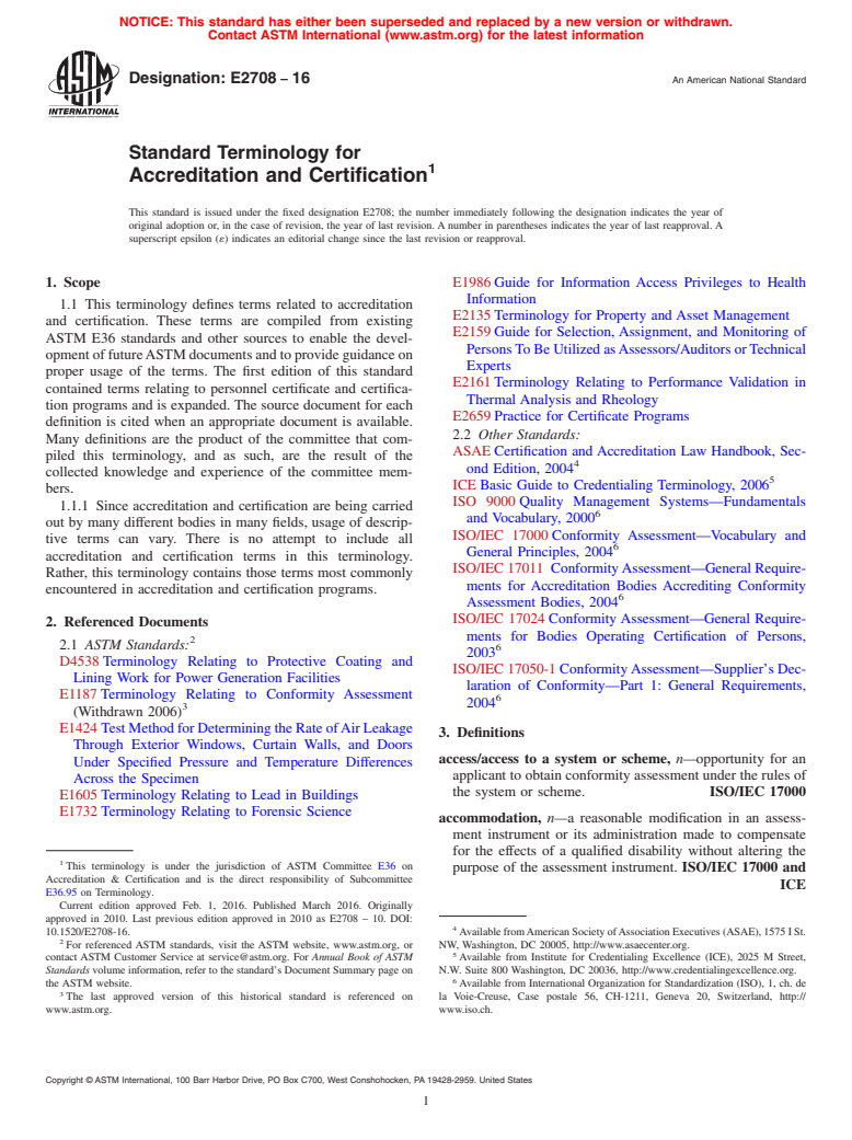 ASTM E2708-16 - Standard Terminology for  Accreditation and Certification
