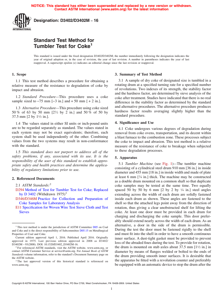 ASTM D3402/D3402M-16 - Standard Test Method for Tumbler Test for Coke
