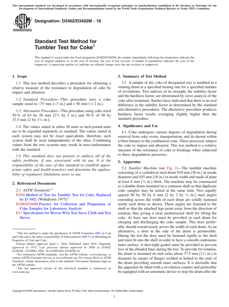 ASTM D3402/D3402M-16 - Standard Test Method for Tumbler Test for Coke