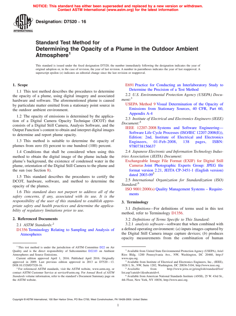 ASTM D7520-16 - Standard Test Method for Determining the Opacity of a Plume in the Outdoor Ambient Atmosphere