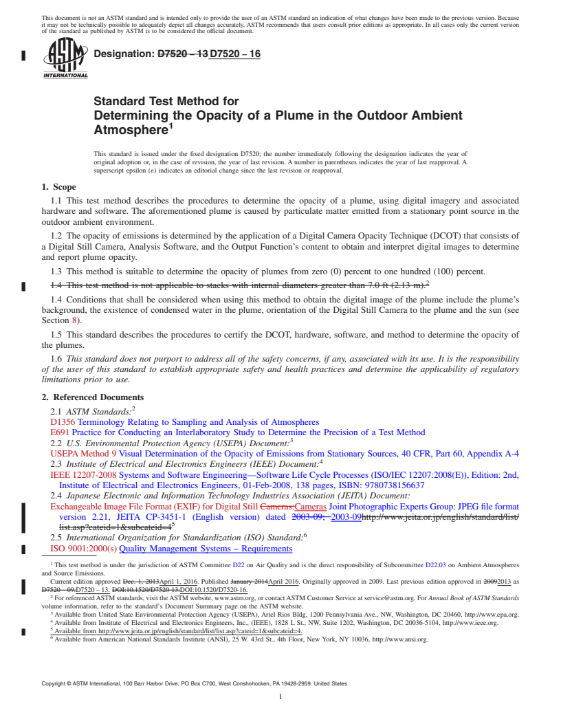 REDLINE ASTM D7520-16 - Standard Test Method for Determining the Opacity of a Plume in the Outdoor Ambient Atmosphere