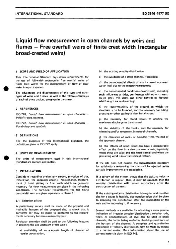 ISO 3846:1977 - Liquid flow measurement in open channels by weirs and flumes -- Free overfall weirs of finite crest width (rectangular broad-crested weirs)