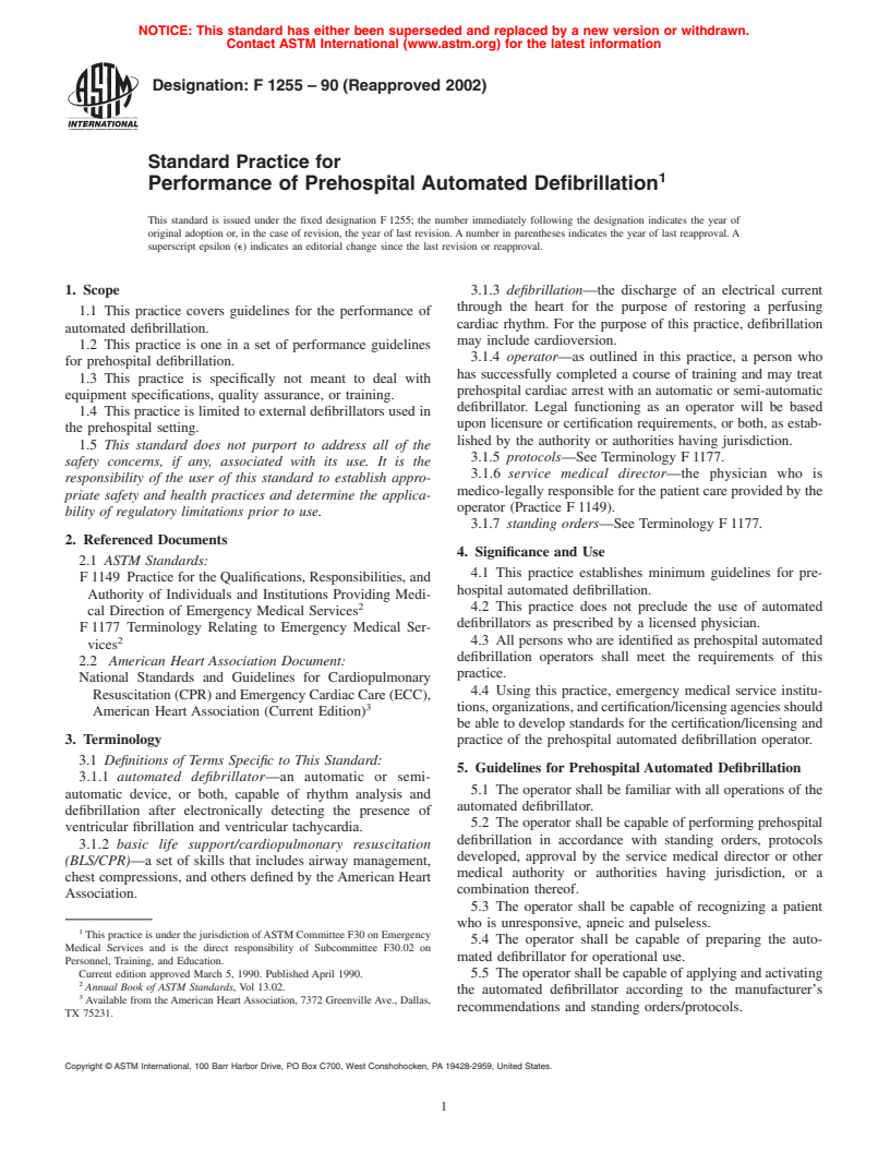 ASTM F1255-90(2002) - Standard Practice for Performance of Prehospital Automated Defibrillation