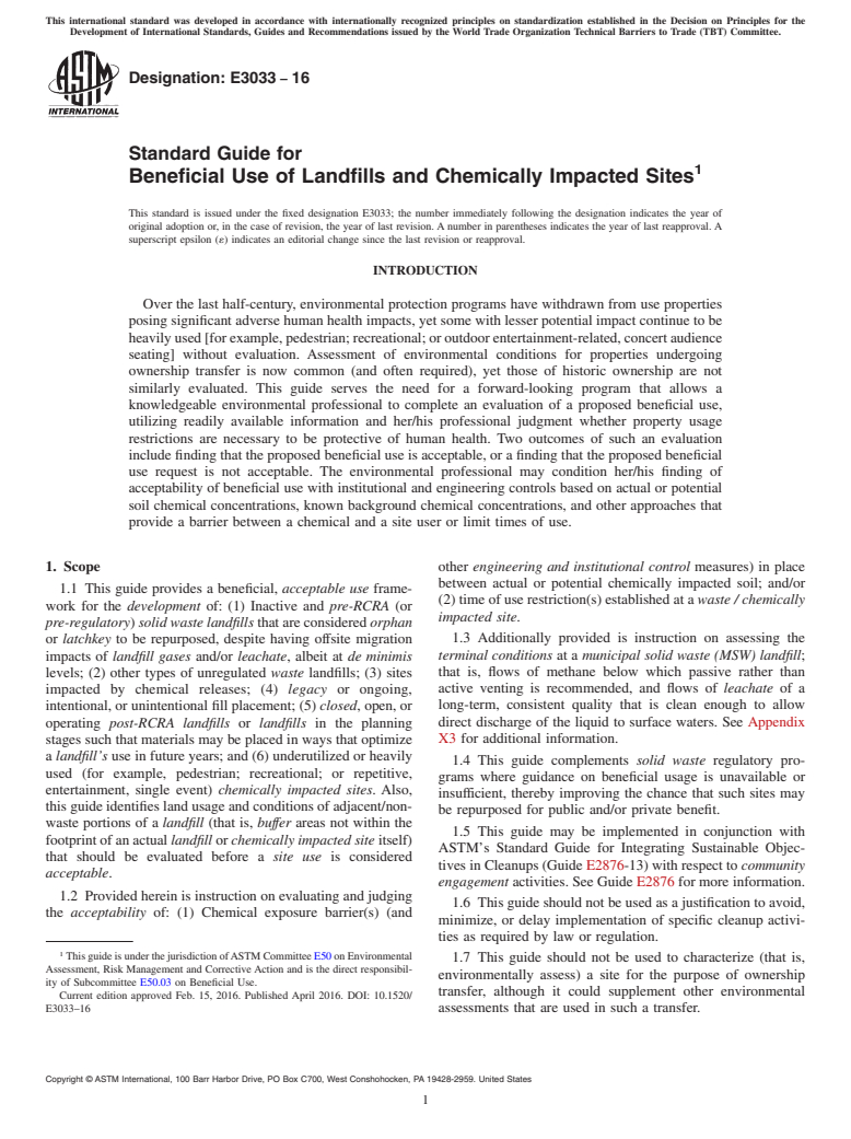 ASTM E3033-16 - Standard Guide for Beneficial Use of Landfills and Chemically Impacted Sites