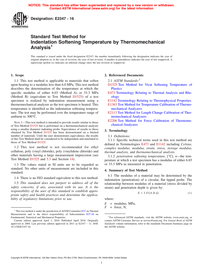 ASTM E2347-16 - Standard Test Method for Indentation Softening Temperature by Thermomechanical Analysis
