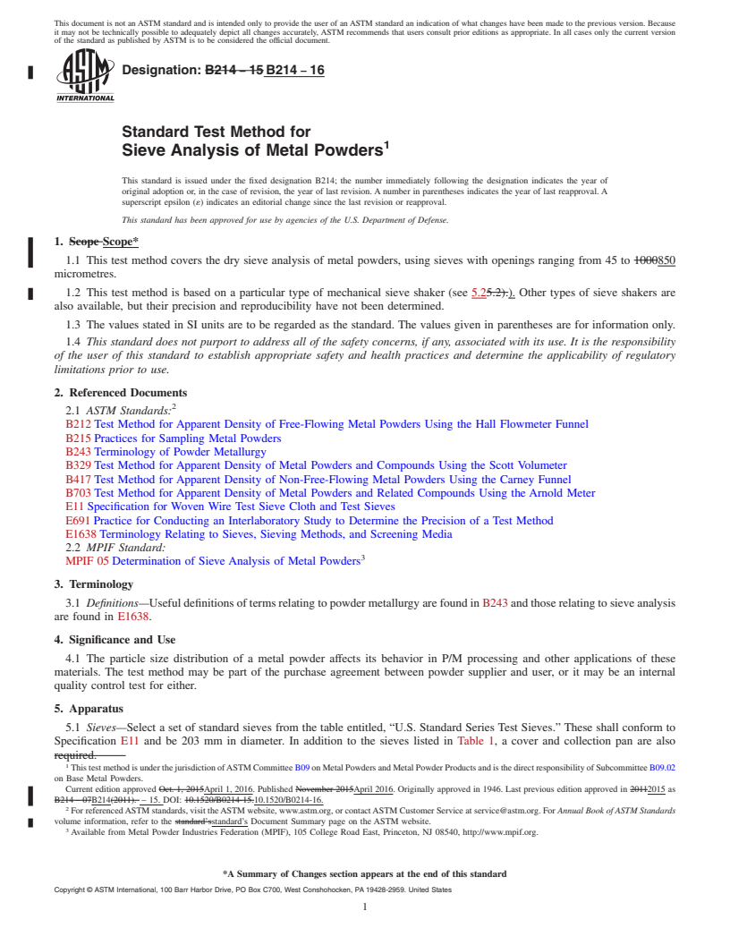 ASTM B214-16 - Standard Test Method for Sieve Analysis of Metal Powders