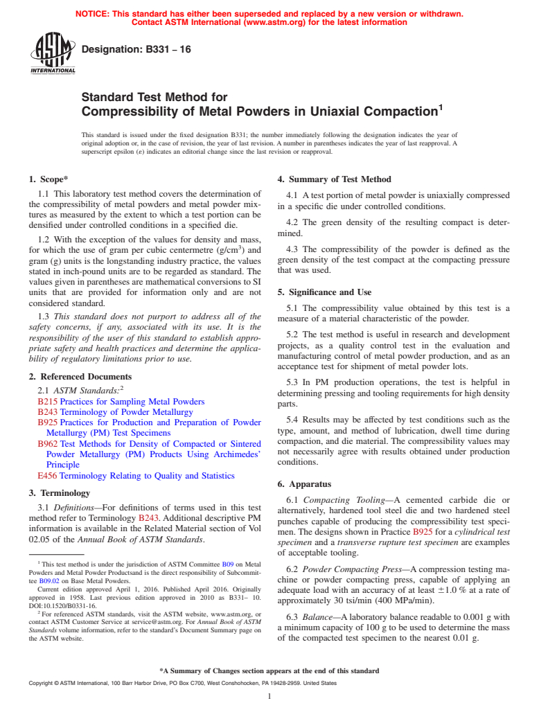 ASTM B331-16 - Standard Test Method for Compressibility of Metal Powders in Uniaxial Compaction