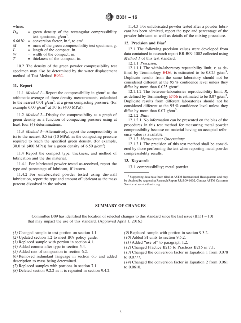 ASTM B331-16 - Standard Test Method for Compressibility of Metal Powders in Uniaxial Compaction