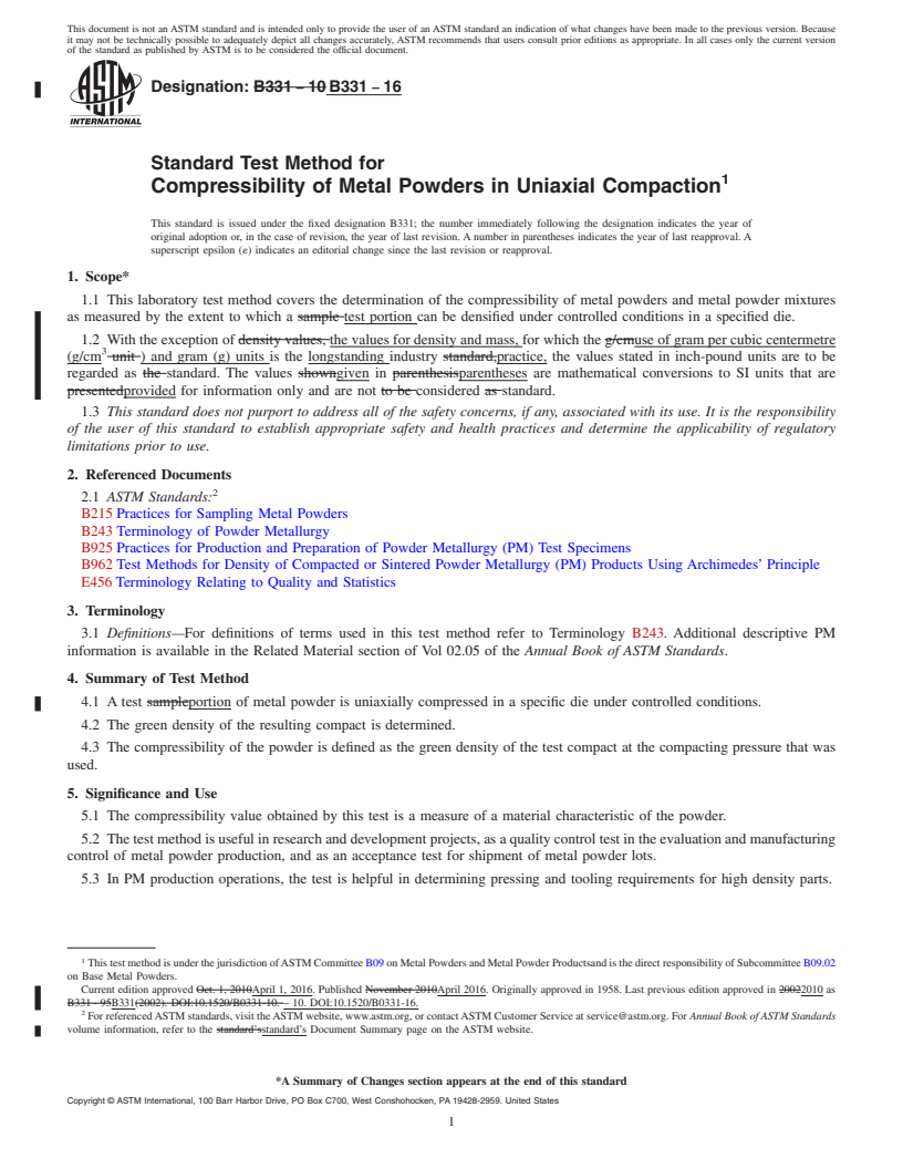 REDLINE ASTM B331-16 - Standard Test Method for Compressibility of Metal Powders in Uniaxial Compaction