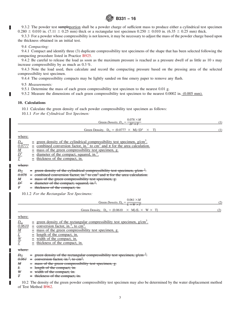 REDLINE ASTM B331-16 - Standard Test Method for Compressibility of Metal Powders in Uniaxial Compaction