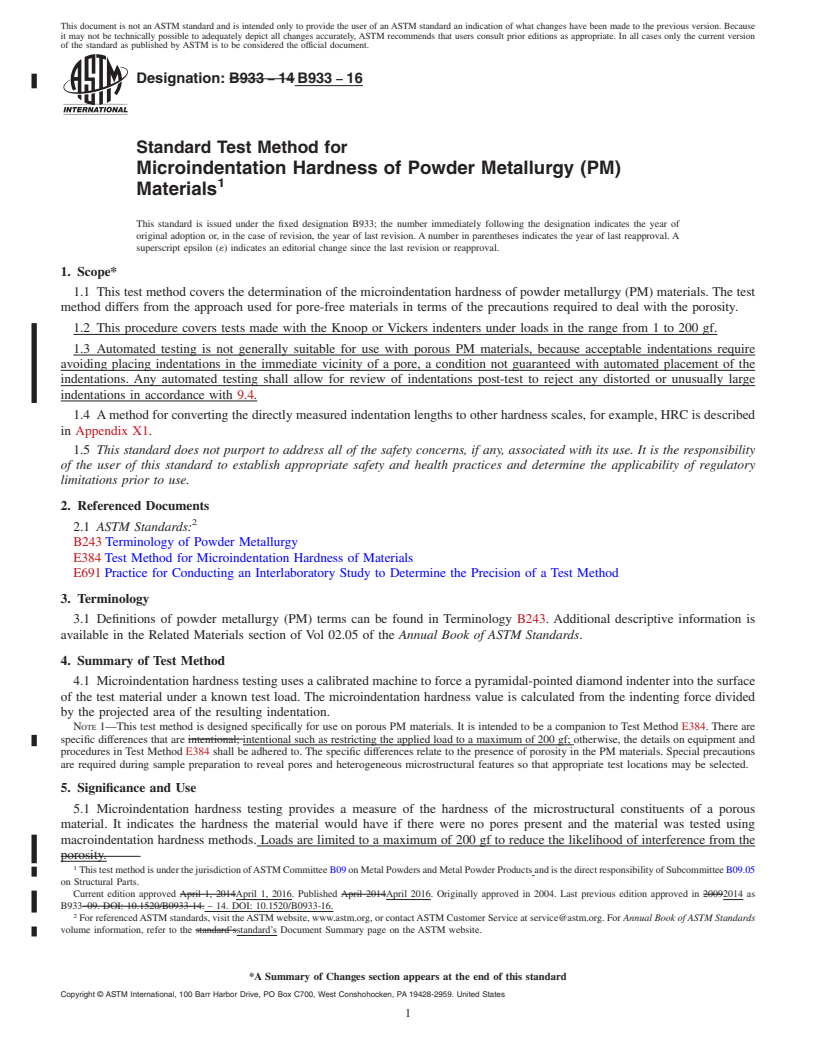 REDLINE ASTM B933-16 - Standard Test Method for Microindentation Hardness of Powder Metallurgy (PM) Materials