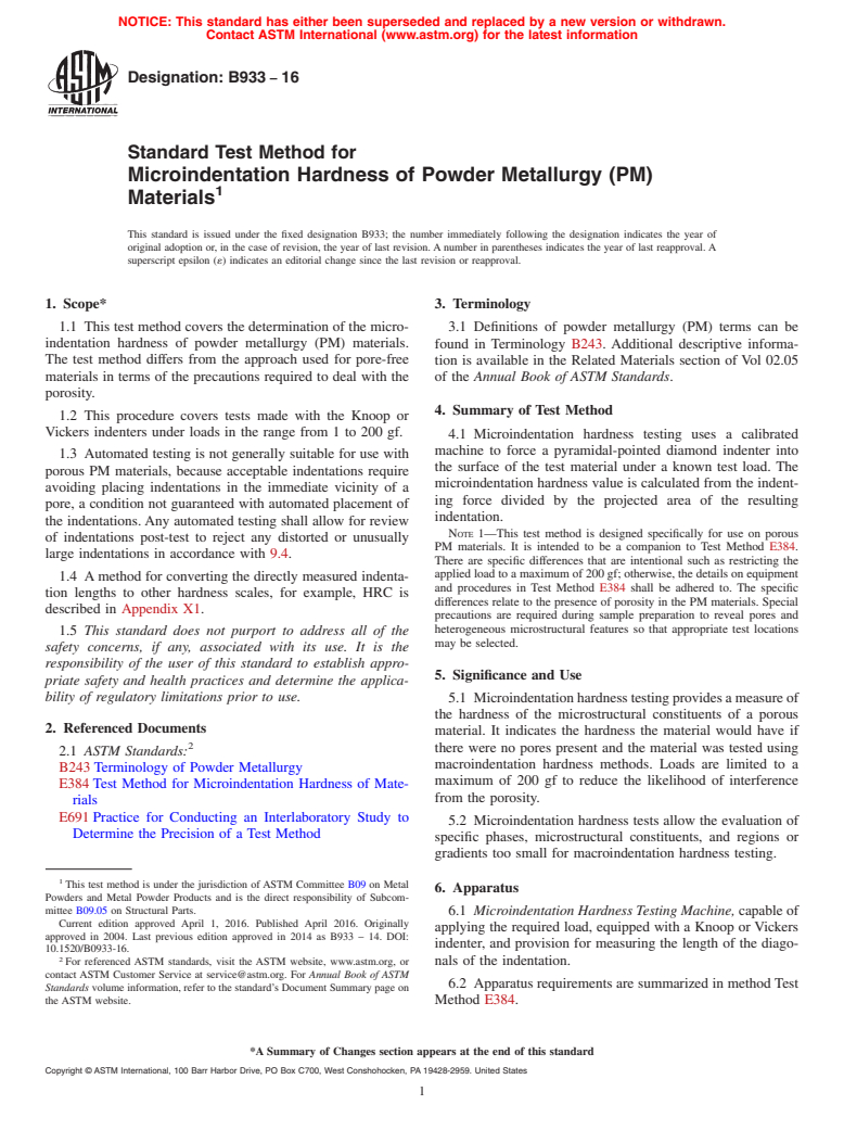 ASTM B933-16 - Standard Test Method for Microindentation Hardness of Powder Metallurgy (PM) Materials