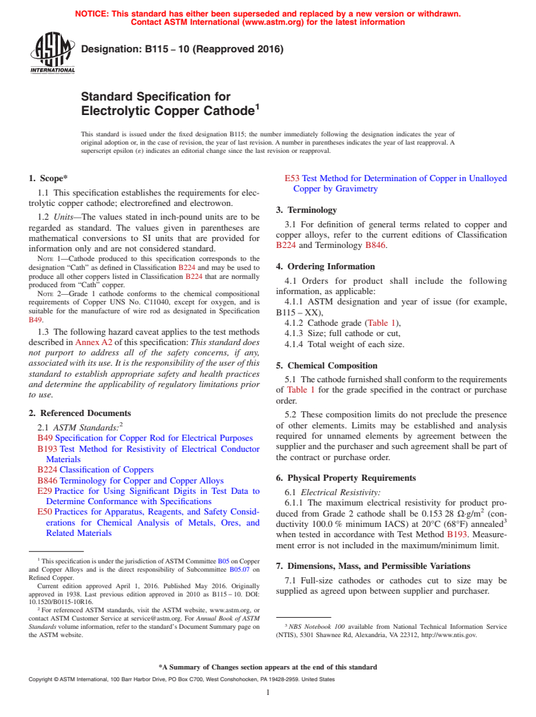 ASTM B115-10(2016) - Standard Specification for Electrolytic Copper Cathode