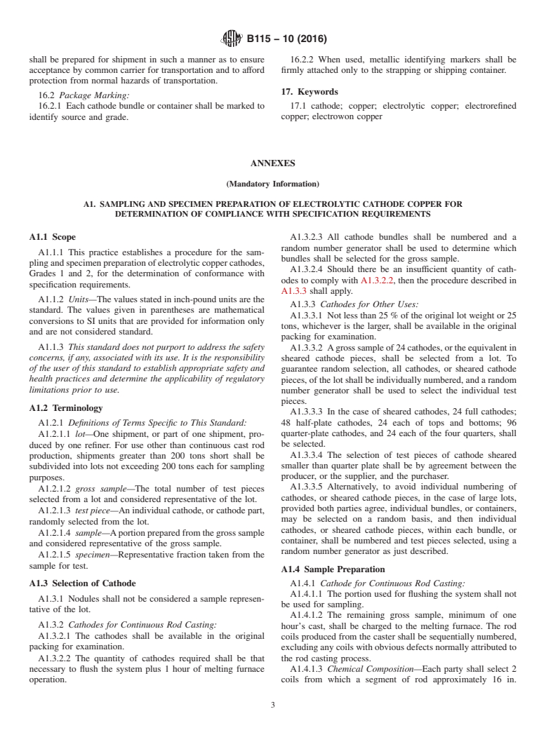 ASTM B115-10(2016) - Standard Specification for Electrolytic Copper Cathode