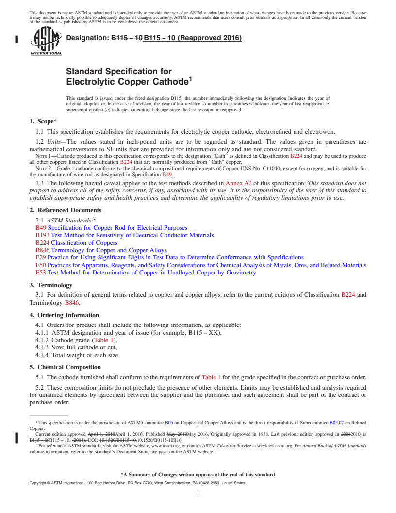 REDLINE ASTM B115-10(2016) - Standard Specification for Electrolytic Copper Cathode