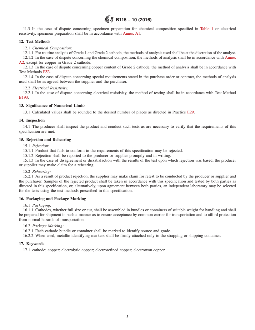 REDLINE ASTM B115-10(2016) - Standard Specification for Electrolytic Copper Cathode