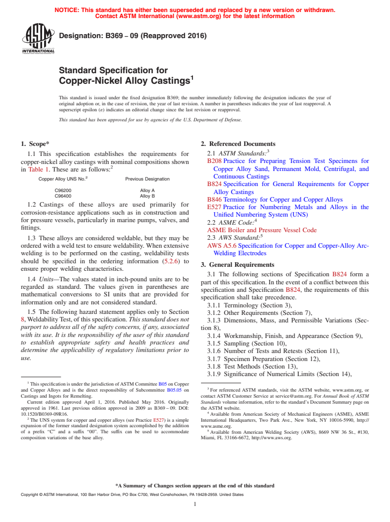 ASTM B369-09(2016) - Standard Specification for Copper-Nickel Alloy Castings