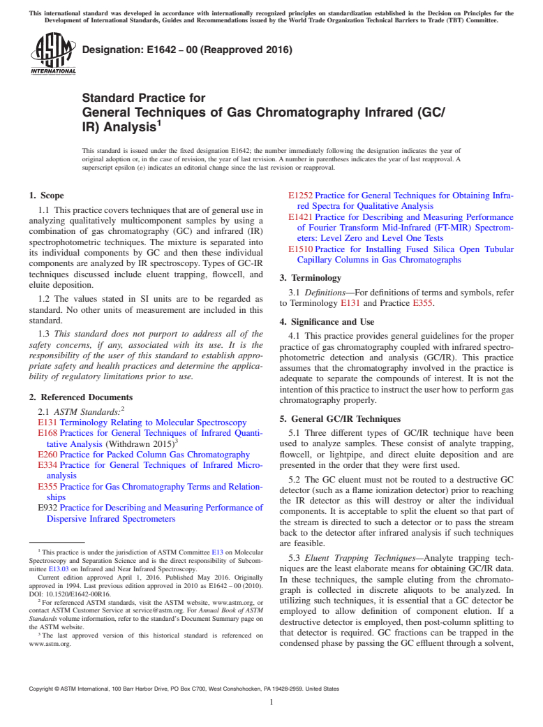 ASTM E1642-00(2016) - Standard Practice for General Techniques of Gas Chromatography Infrared (GC/IR) Analysis