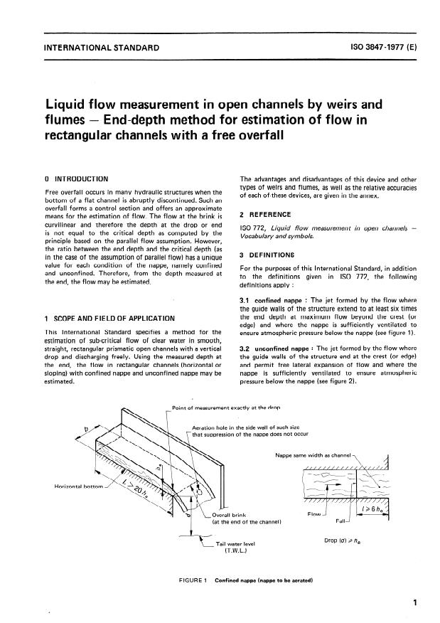 ISO 3847:1977 - Liquid flow measurement in open channels by weirs and flumes -- End-depth method for estimation of flow in rectangular channels with a free overfall