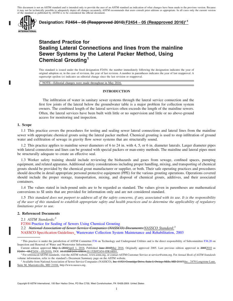 REDLINE ASTM F2454-05(2016)e1 - Standard Practice for Sealing Lateral Connections and lines from the mainline Sewer  Systems by the Lateral Packer Method, Using Chemical Grouting