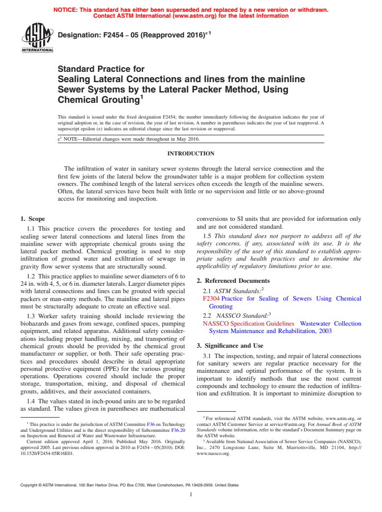 ASTM F2454-05(2016)e1 - Standard Practice for Sealing Lateral Connections and lines from the mainline Sewer  Systems by the Lateral Packer Method, Using Chemical Grouting