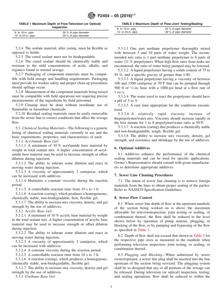 ASTM F2454-05(2016)e1 - Standard Practice for Sealing Lateral Connections and lines from the mainline Sewer  Systems by the Lateral Packer Method, Using Chemical Grouting