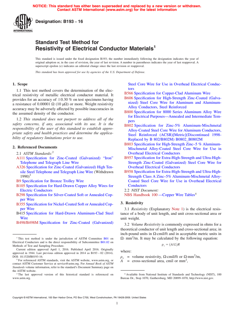 ASTM B193-16 - Standard Test Method for Resistivity of Electrical Conductor Materials
