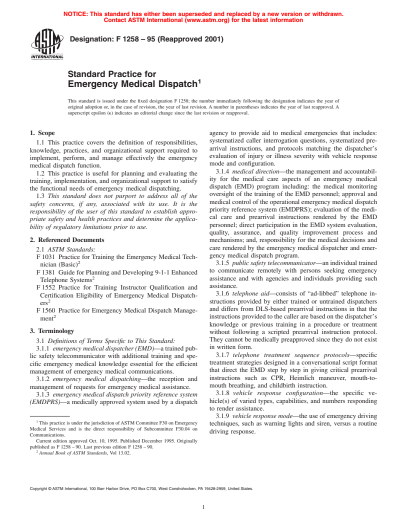 ASTM F1258-95(2001) - Standard Practice for Emergency Medical Dispatch