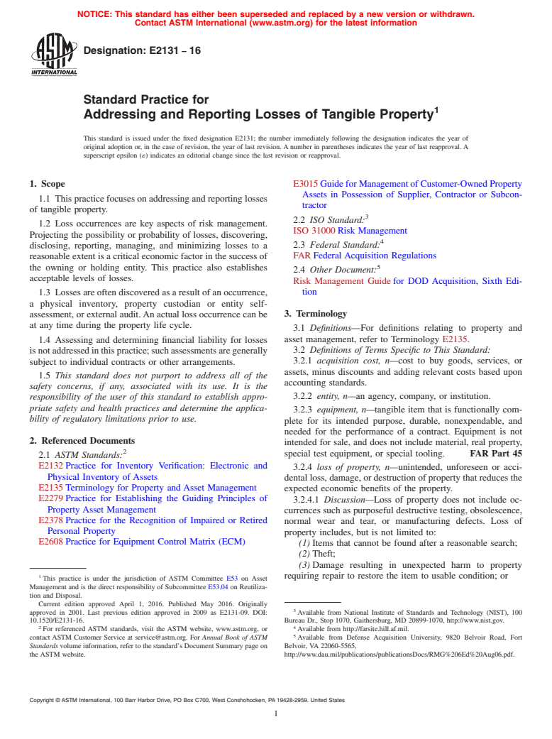 ASTM E2131-16 - Standard Practice for Addressing and Reporting Losses of Tangible Property